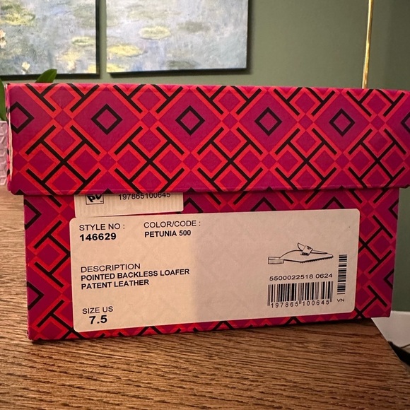 NWT! NEW! Tory Burch Pointed Backless Loafer Patent Leather Women US 7.5 Petunia - Picture 9 of 14
